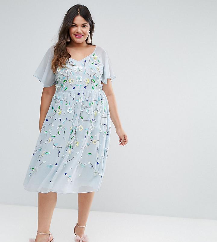 Asos Curve Salon Embellished Midi Dress With Flutter Sleeve - Blue