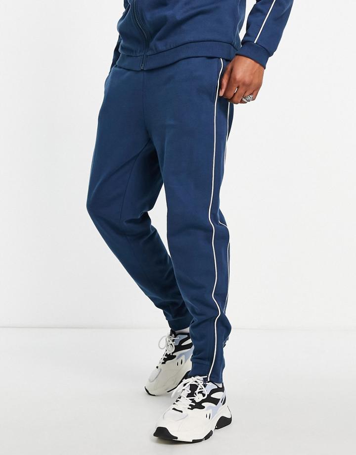 Asos Design Tapered Sweatpants With Piping In Navy - Part Of A Set-blues