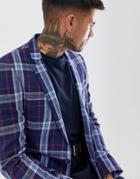 Asos Design Skinny Linen Blazer In Blue With Check - Blue