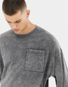 Asos Design Oversized Longline Long Sleeve T-shirt With Pocket In Extreme Acid Wash In Gray - Gray