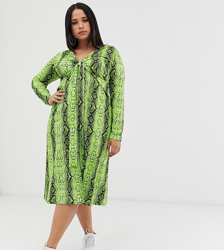 Asos Design Curve Midi Dress With Knot Front In Snake Print - Multi