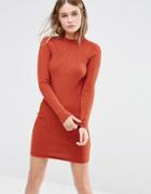 New Look Ribbed Mini Body-conscious Dress - Orange