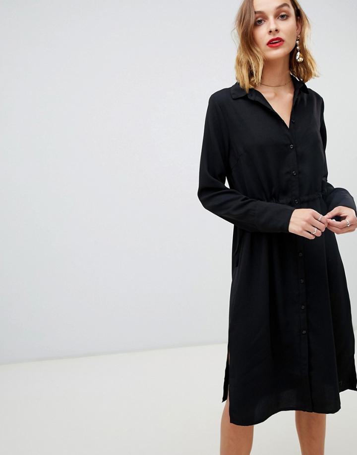 Pieces Longline Button Down Shirt Dress - Black