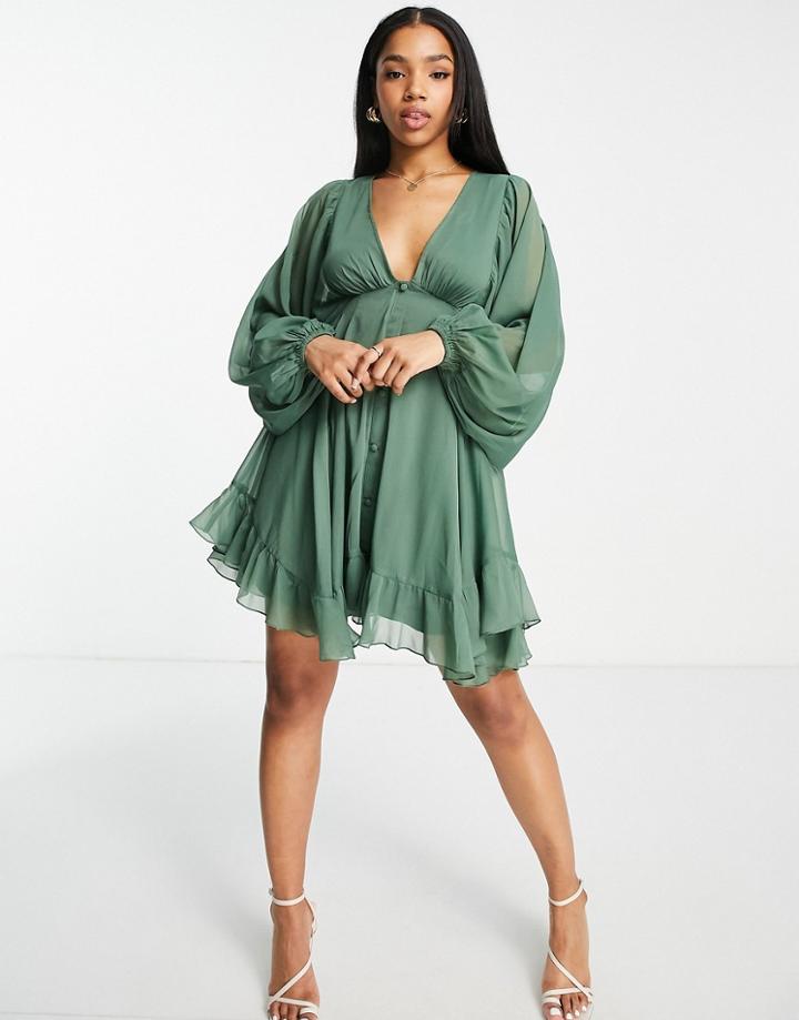 Asos Design Button Detail Mini Dress With Blouson Sleeves In Forest-green
