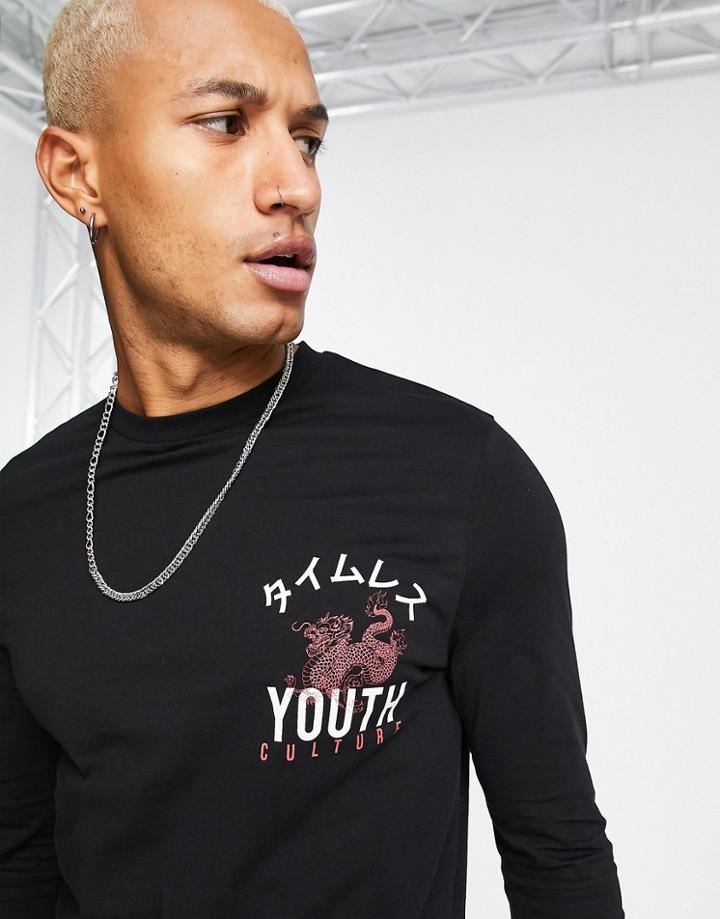 Asos Design Long Sleeve T-shirt In Black With Chest Print
