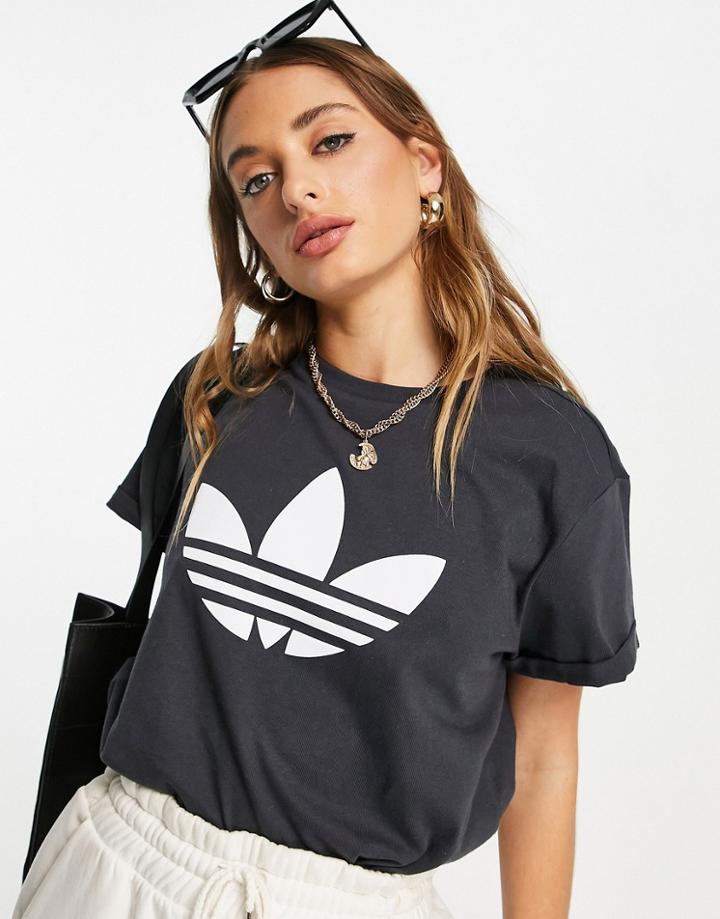 Adidas Originals '80's Aerobic' Roll Sleeve T-shirt With Trefoil In Black