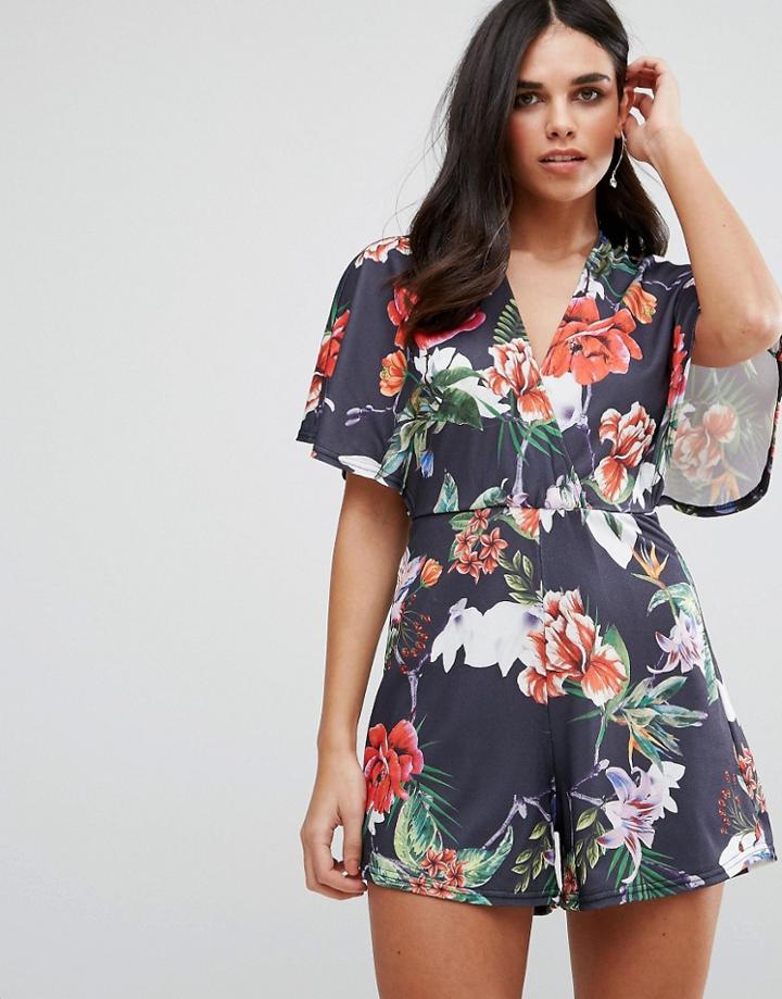 Oh My Love Kimono Romper In Floral Print - Black