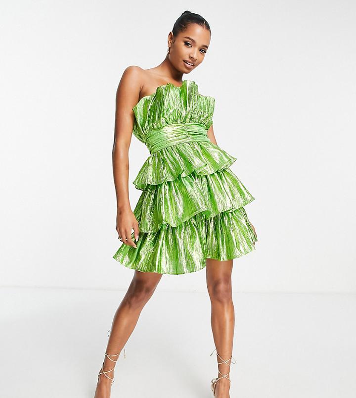 Collective The Label Petite Structured Bandeau Tier Mini Dress In Metallic Green