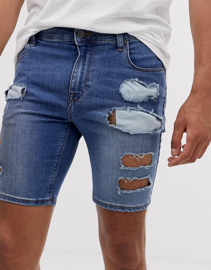 Asos Design Super Skinny Denim Shorts In Mid Wash Blue With Rips-multi