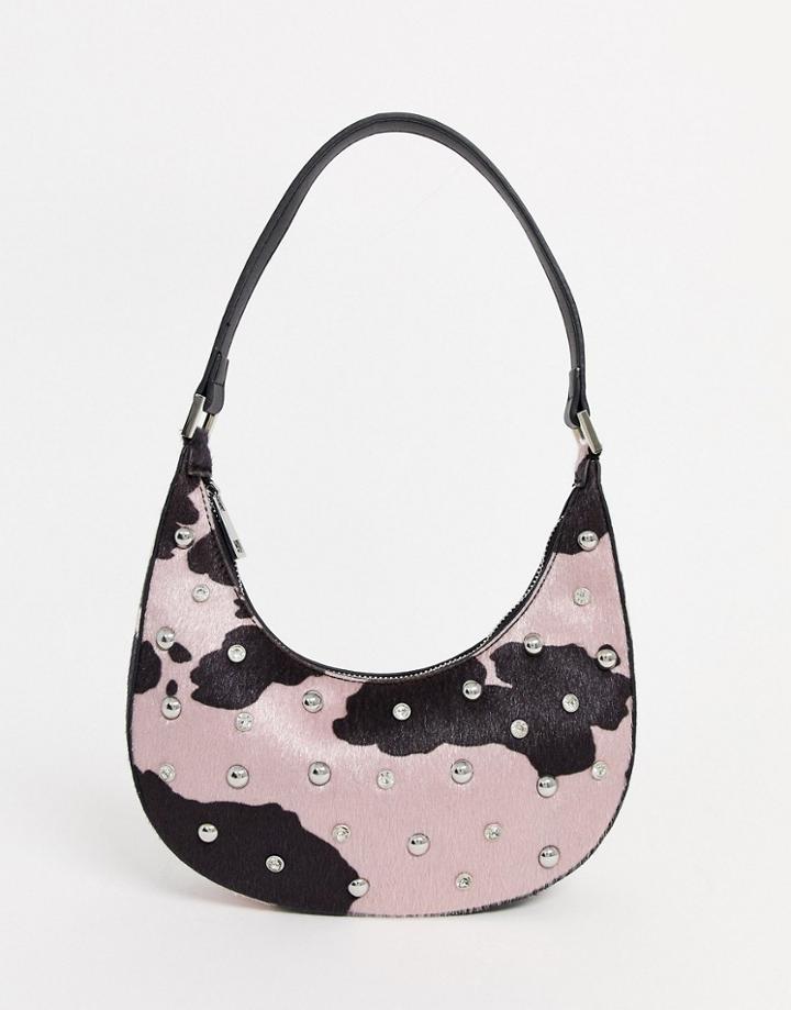 Asos Design 90s Hobo Shoulder Bag In Cow With Rhinestone Stud Detail-multi
