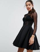 Asos Mini Skater Dress With Lace And Dobby Mesh Bodice - Black