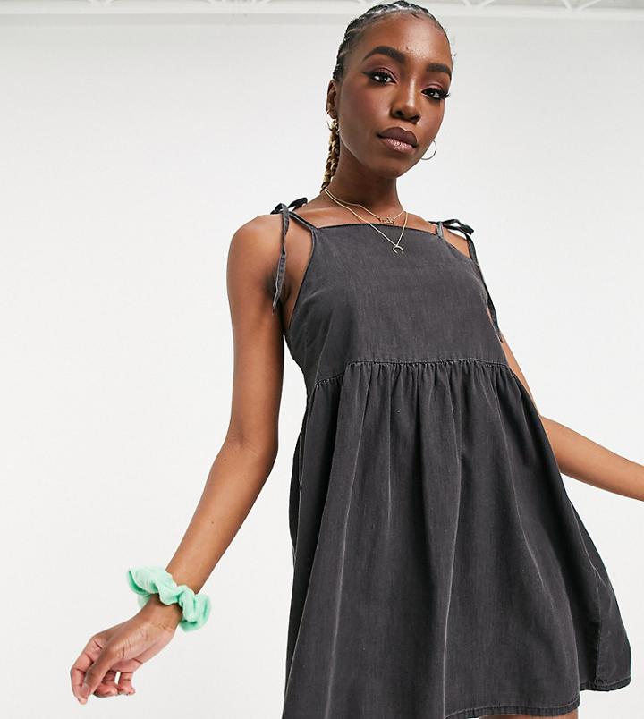 Asos Design Tall Soft Denim Smock Pinny Dress In Washed Black