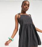 Asos Design Tall Soft Denim Smock Pinny Dress In Washed Black