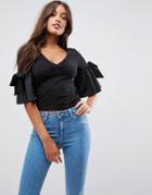 Asos Top With V Neck With Three Quarter Pretty Bow & Bell Sleeve - Black