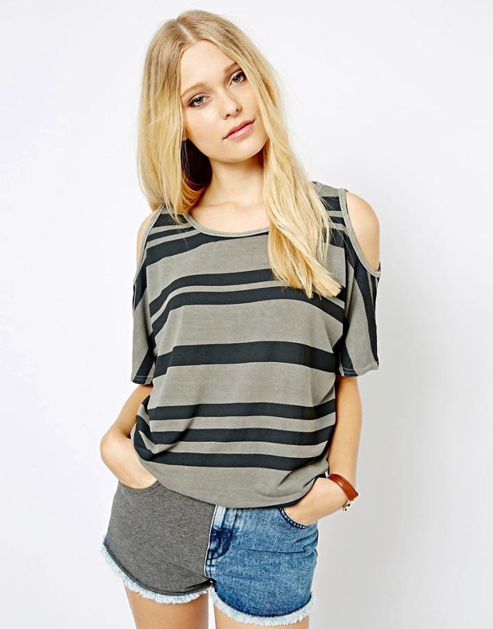 A Postcard From Brighton Cut Out Shoulder Striped Top - Black