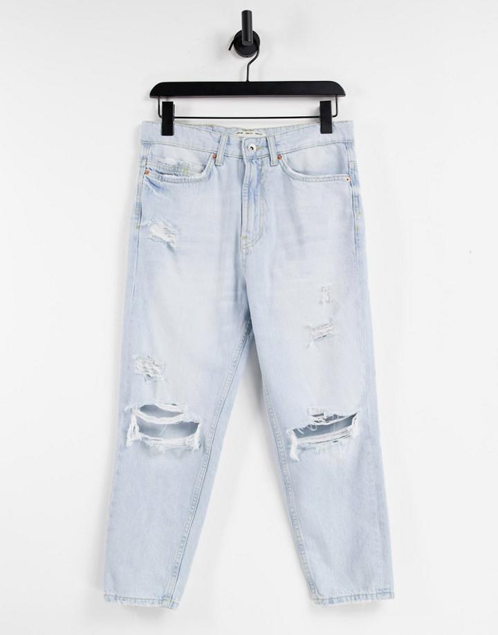 Pull & Bear Relaxed Jeans With Rips In Light Blue-blues