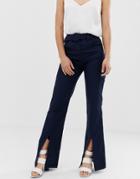 Asos Design Full Length Flare Pants With Belt And Front Split - Navy