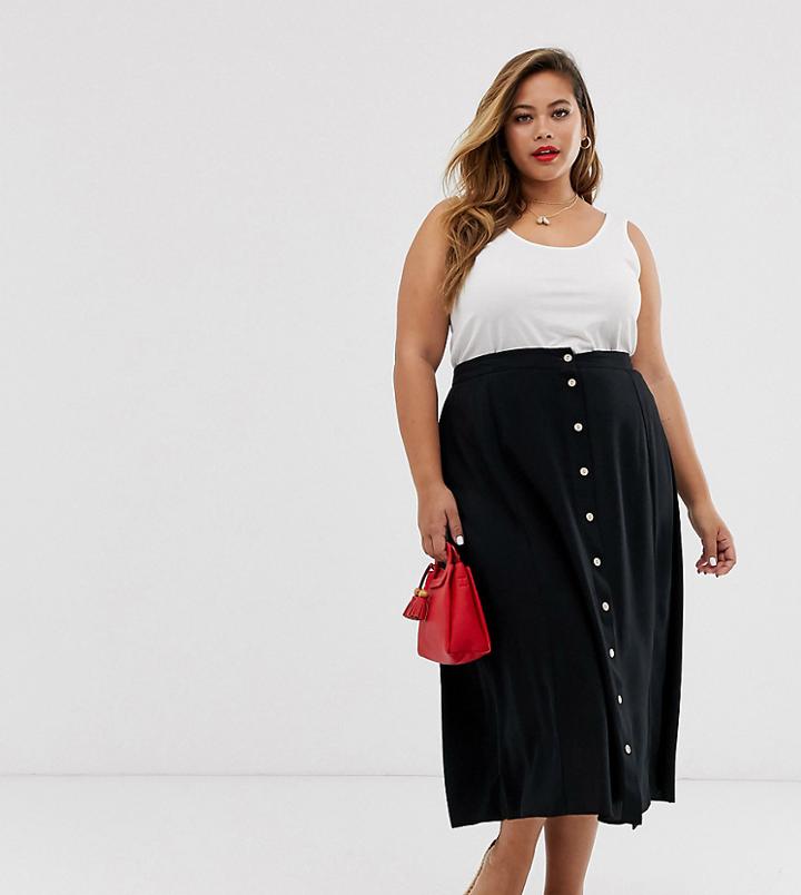 New Look Curve Button Through Midaxi Skirt In Black - Black