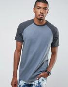 Asos Longline T-shirt With Contrast Raglan And Curved Hem - Blue