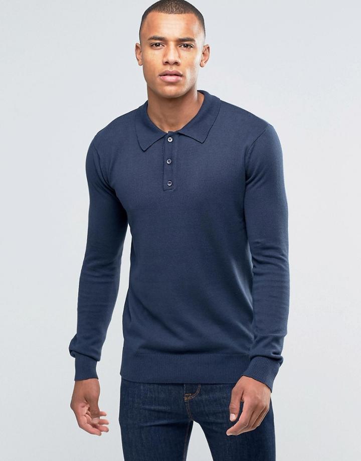 Brave Soul Long Sleeve Polo Shirt - Navy