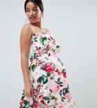 Asos Design Maternity Floral Bandeau Ruffle Mini Dress With Crochet Trim - Multi