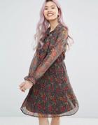 Yumi Long Sleeve Pleated Dress In Floral Print - Multi