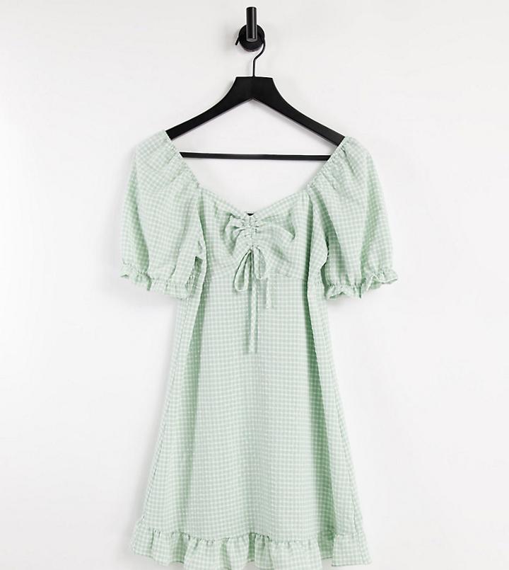 New Look Petite Gingham Frill Hem Mini Dress In Green-pink