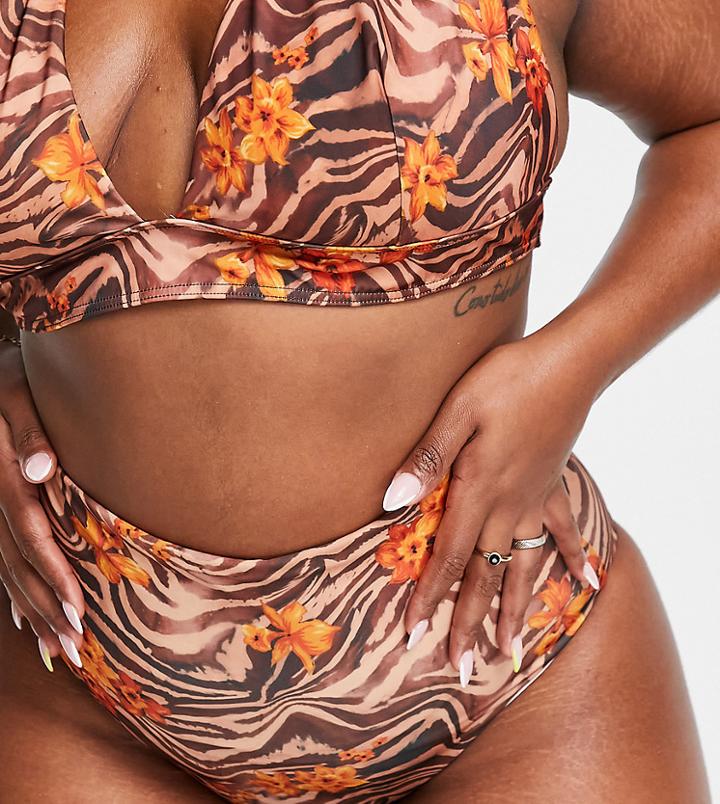 Asos Design Curve Mix And Match High Waist Bikini Bottom In Zebra Tropical Print-multi