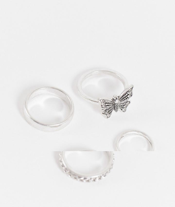 Topshop Butterfly 4 X Multipack Rings In Silver