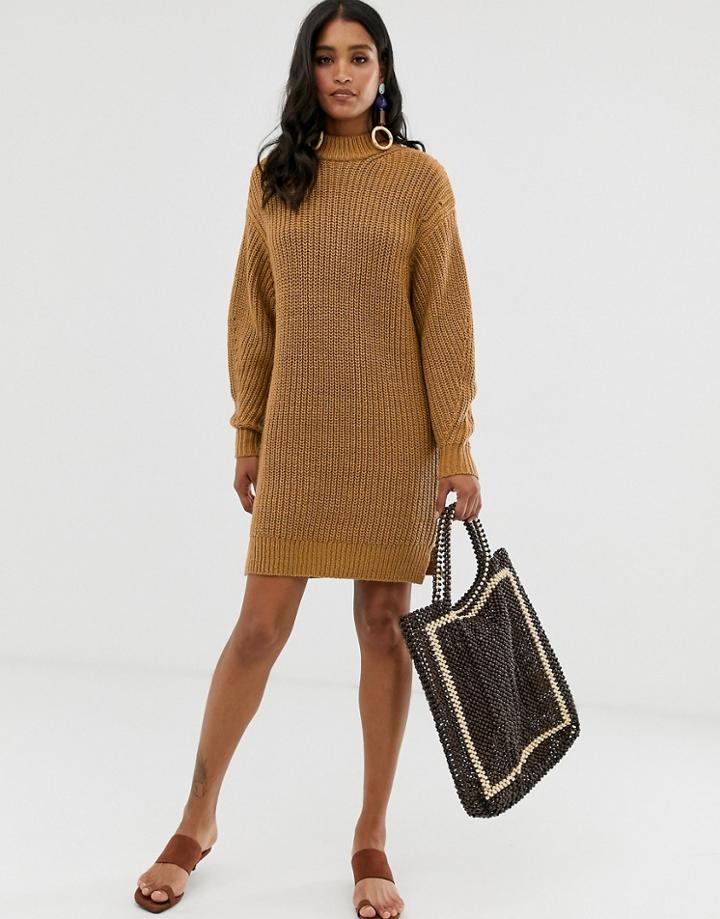 Asos Design Knitted Rib Mini Dress With Chunky Crew Neck-stone