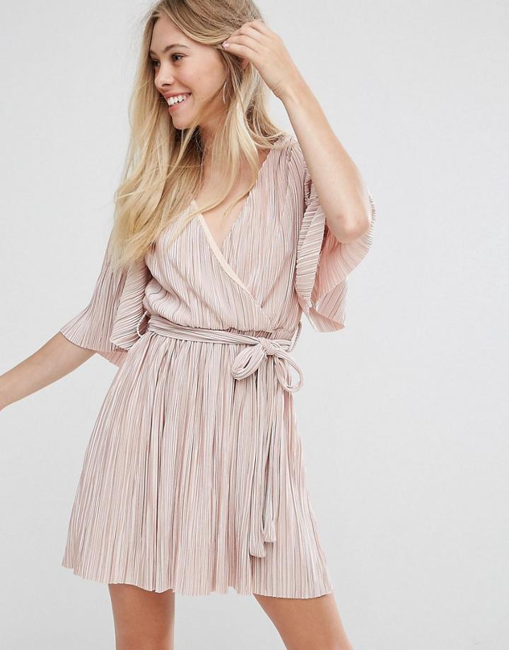 Oh My Love Pleated Kimono Sleeve Dress With Waist Tie - Pink