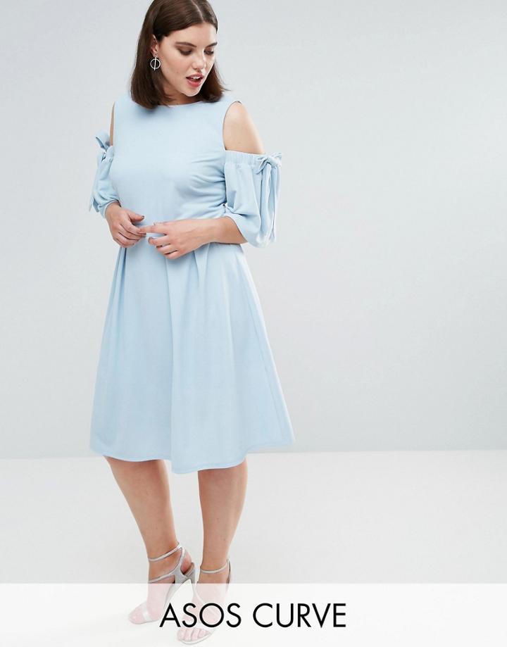 Asos Curve Skater Dress With Cold Shoulder And Bow - Blue