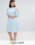 Asos Curve Skater Dress With Cold Shoulder And Bow - Blue