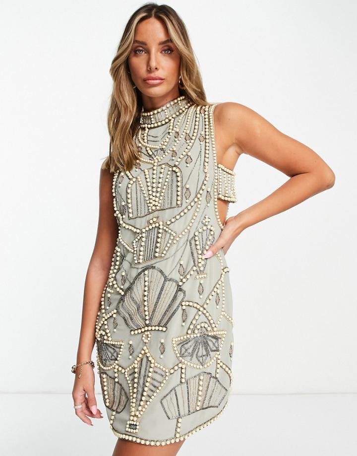 Asos Design Pearl Embellished Mini Dress With Tab Side Detail In Blue-neutral