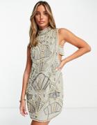 Asos Design Pearl Embellished Mini Dress With Tab Side Detail In Blue-neutral