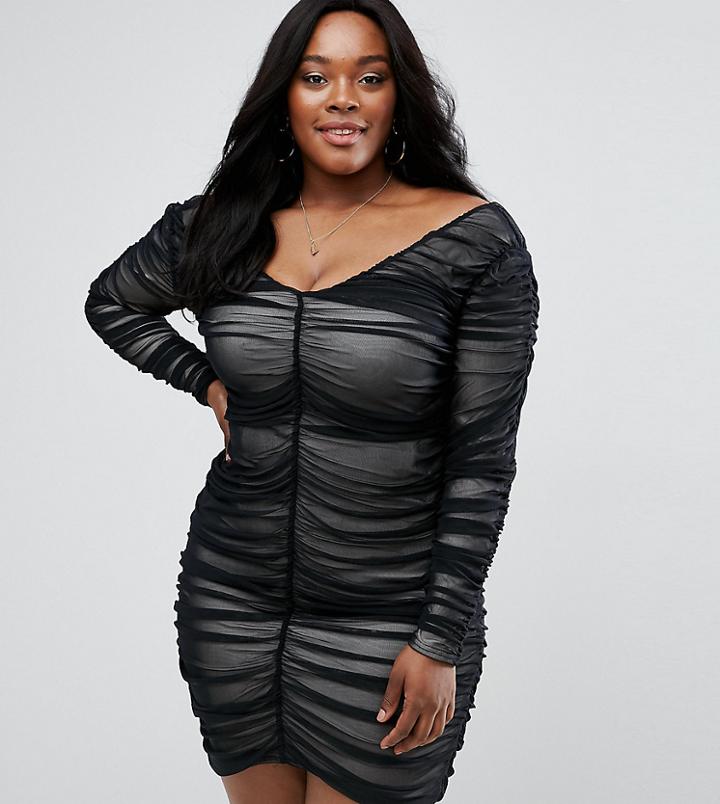 Asos Curve Mesh Ruched Off The Shoulder Mini Bodycon Dress - Black