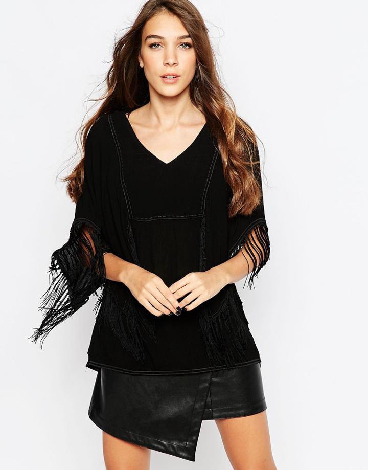 See U Soon Fringed Poncho Top - Black