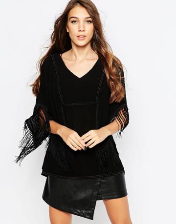 See U Soon Fringed Poncho Top - Black