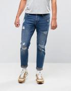 Asos Stretch Slim Jeans With Rips In Mid Blue Wash - Blue