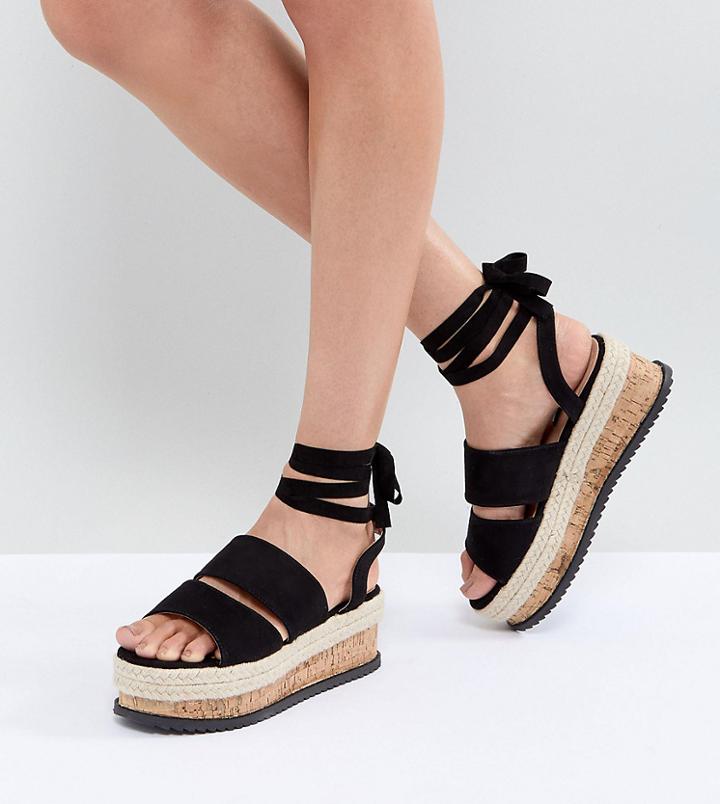 Lost Ink Black Ankle Tie Flatform Sandals - Black