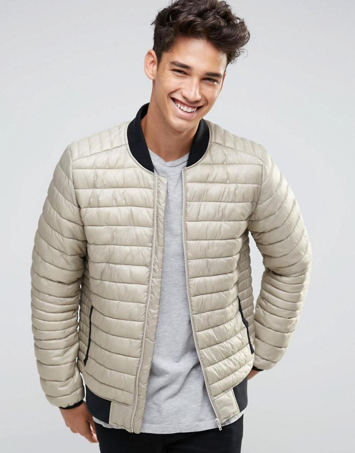 Asos Quilted Bomber Jacket In Putty - Stone