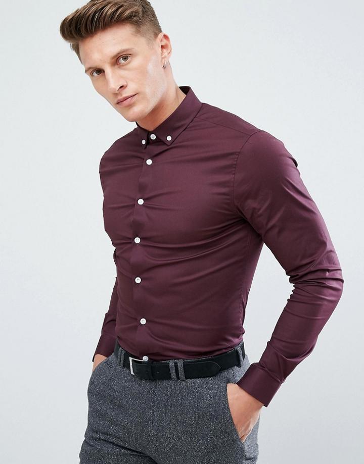 Asos Skinny Shirt In Burgundy With Button Down Collar - Red