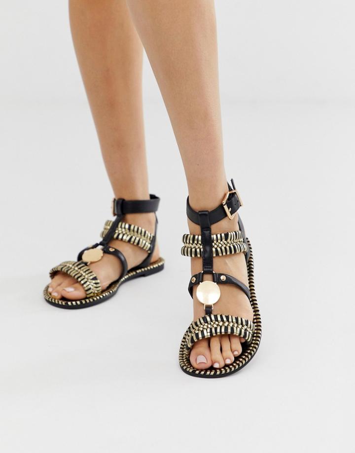 River Island Woven Gladiator Sandal With Gold Details In Black