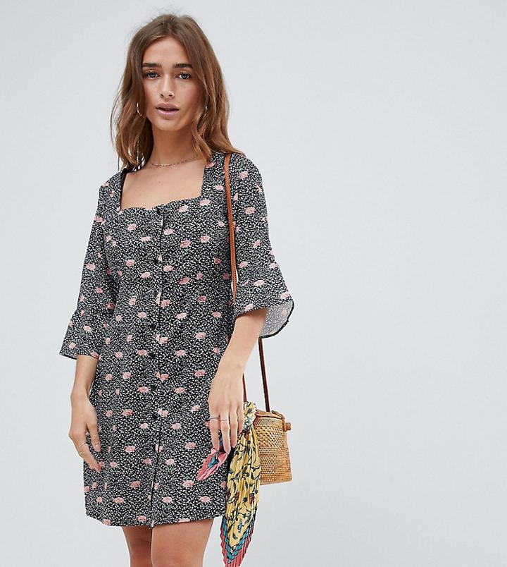 Glamorous Petite Button Down Tea Dress In Rose Floral Print-black