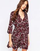 Yumi Wrap Front Skater Dress In Floral Print - Burgandy