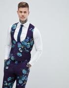 Asos Wedding Skinny Suit Vest In Navy Floral Linen Look - Navy