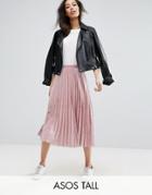 Asos Tall Pleated Midi Skirt In Velvet - Pink