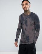 Asos Longline Muscle Long Sleeve T-shirt With Inky Tie Dye Wash - Brown