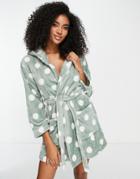 Lindex Recycled Printed Spot Fleece Robe In Light Dusty Green