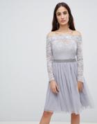 Little Mistress Lace Embellished Waist Dress - Gray